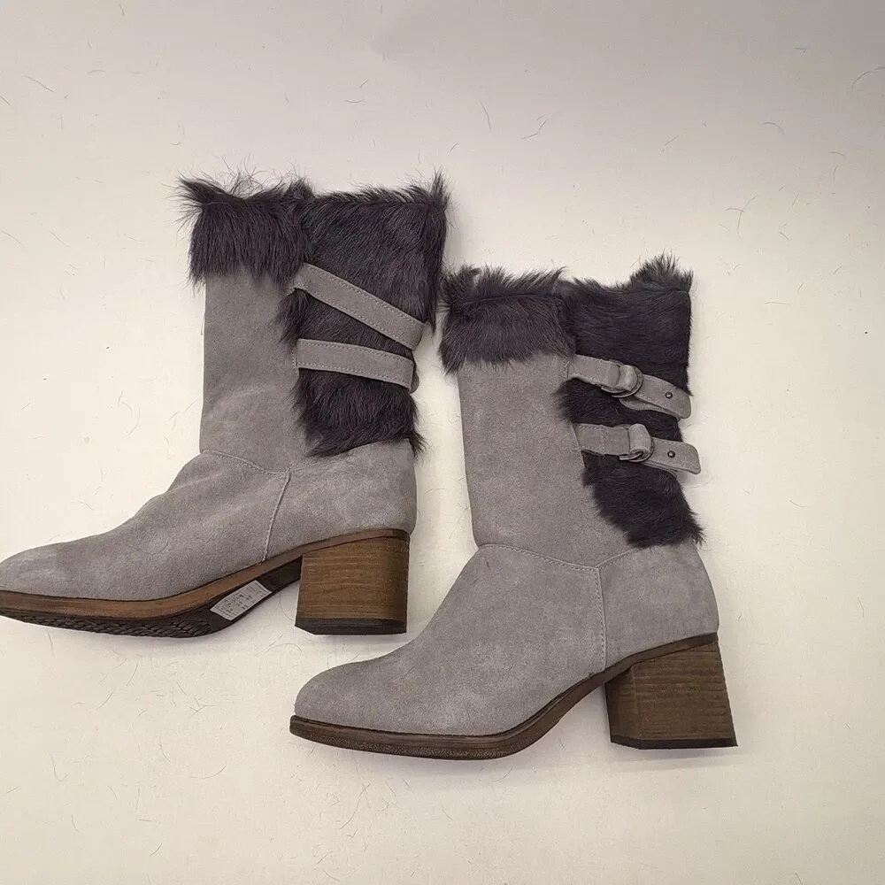 BEARPAW Madeline Boots Women 13 Gray Suede Goat Fur Fleece Block Heel NIB